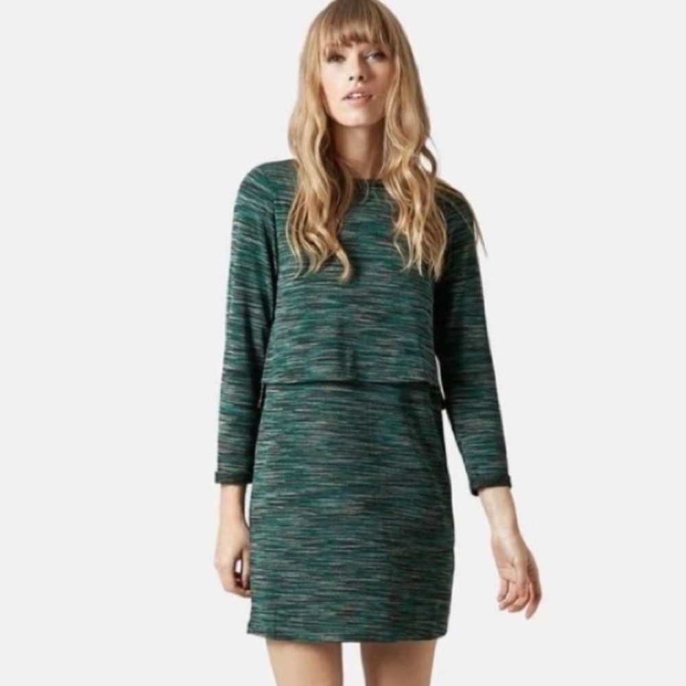 Topshop Green Space Dye Overlay Fitted Long Sleeve Dress